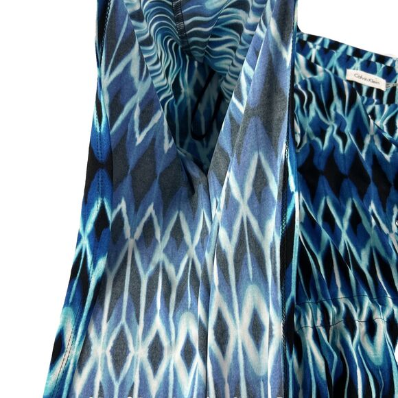Calvin Klein Size 14 Blue Dress Kimono Flutter Sleeve Geometric Drawstring - Picture 8 of 11